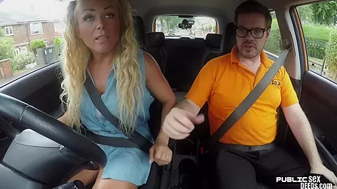 Bosomy MILF rides driving instructor in the car outdoor