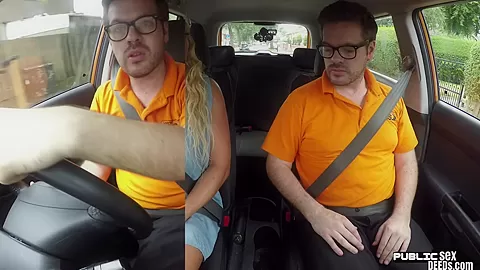 Bosomy MILF rides driving instructor in the car outdoor