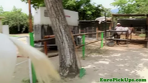 Euro cowgirl fingered in shavedpussy for cash