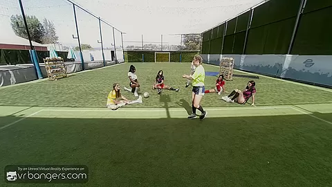 VR Bangers Group of horny babes seducing soccer coach VR Porn
