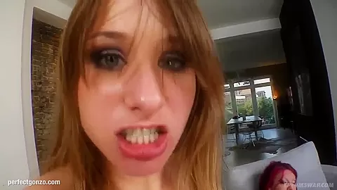 Marie and Abigail in threesome gonzo fuck scene with cum swapping end on Sperm Swap