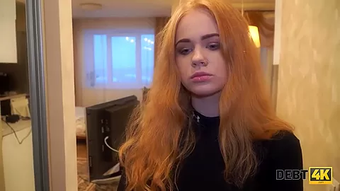 DEBT4k. Impressive redhead gives a head and gets fucked for TV set