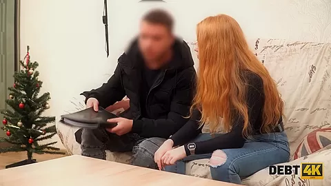DEBT4k. Impressive redhead gives a head and gets fucked for TV set