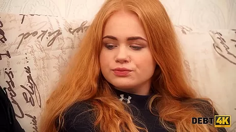 DEBT4k. Impressive redhead gives a head and gets fucked for TV set
