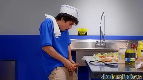 Short guy fucks busty cum loving MILF in fast food kitchen