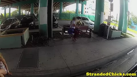 Hitchhiking babe facialized in restroom