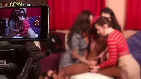CFNM IR femdom ladies wanking black penis in group action