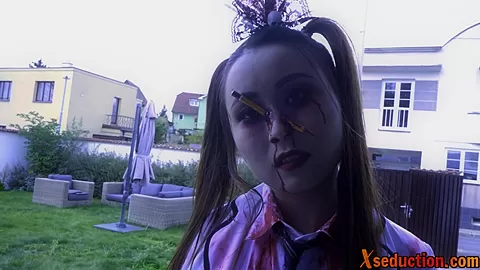 Asian horror babe cockriding in trio while in uniform