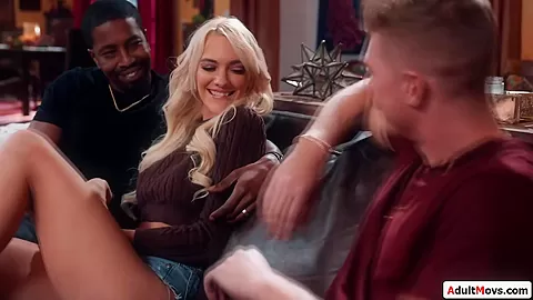 Big tits blonde is a bit nervous for threesome with neighbor