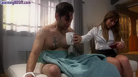 Trapped BDSM bitch fucked in throat by whipping fucker
