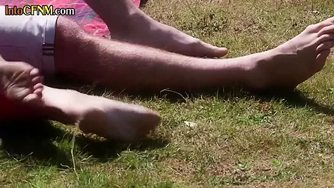 Curvy cfnm dominas sucking and jerking outdoors in group