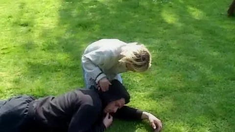 Jealous blonde punishes slut with spank and cock suck