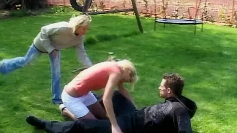 Jealous blonde punishes slut with spank and cock suck