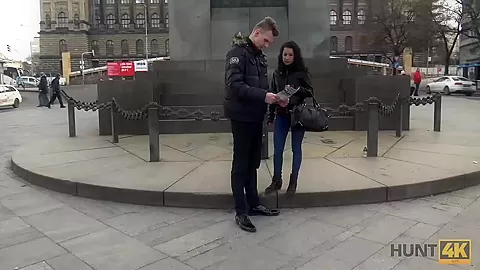 HUNT4K. Cameraman fucks comely brunette next to her grumpy cuckold
