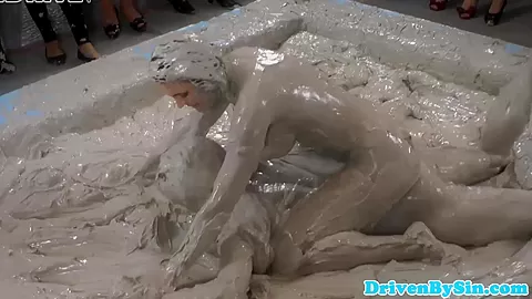 Classy euro hotties watch mud wrestling match