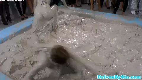 Classy euro hotties watch mud wrestling match