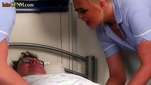 CFNM lingerie femdom nurses sucking patient cock in 3some