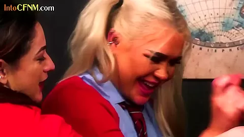 CFNM college babe in uniform sucking professor cock in 3some