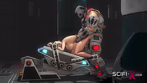 A sexy horny bald girl in cuffs gets fucked hard by a sex cyborg in the lab