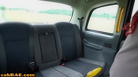 Redhead horny babe rides taxi driver in his car outdoor
