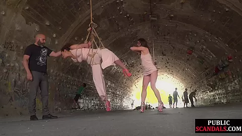Public whipped suspension bondage slut deepthroats outdoor