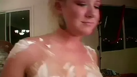 Blonde Lesbian playing cream nude and cards