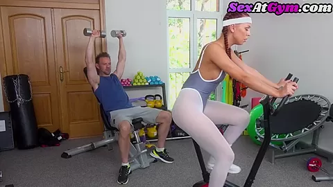 Gym redhead sucking before cockriding then gets cumshot