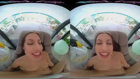 Fit brunette removes her bikini and masturbates in virtual reality