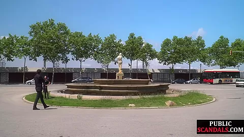 Disgraced shameless slut deepthroats in public 3some outdoor