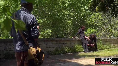 Disgraced shameless slut deepthroats in public 3some outdoor