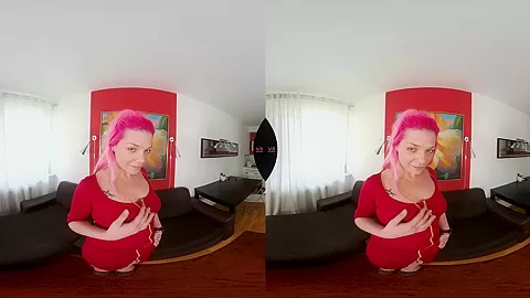 Busty Chick With Pink Hair Pleasuring Herself On The Couch
