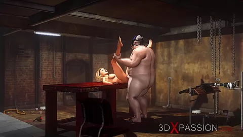 Super hardcore in a basement. Fat man fucks hard a sexy blonde slave