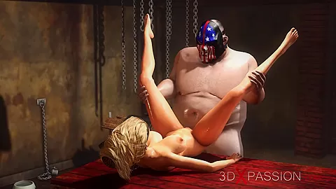 Super hardcore in a basement. Fat man fucks hard a sexy blonde slave