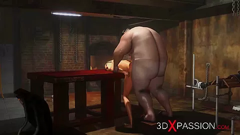 Super hardcore in a basement. Fat man fucks hard a sexy blonde slave