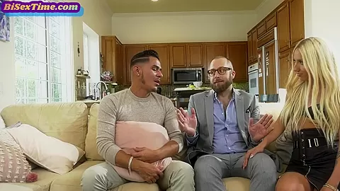 Bisex facesitting tattooed babe fucked in 3some on couch