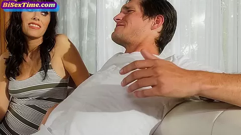 Bisex strapon babe pegging guy asshole in 3some action