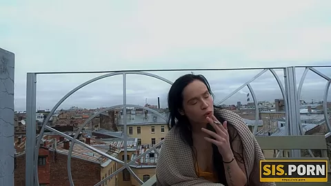 SISPORN. Instead of smoking cigarette brunette has sex with stepbrother