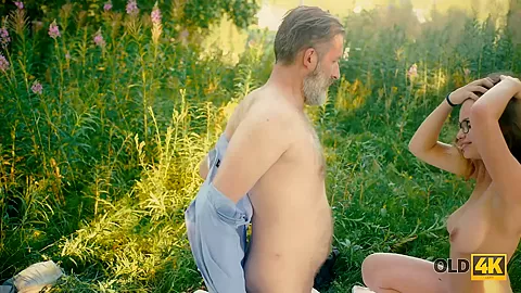 OLD4K. Posh girl came to clearing to be nailed by the older tourist