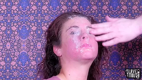 Food fetish BDSM slave eats cum over and over