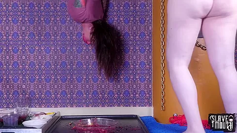 Food fetish BDSM slave eats cum over and over