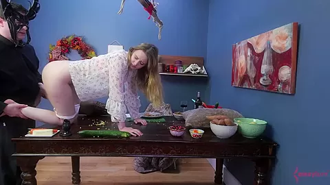 Babe gets carrot in ass