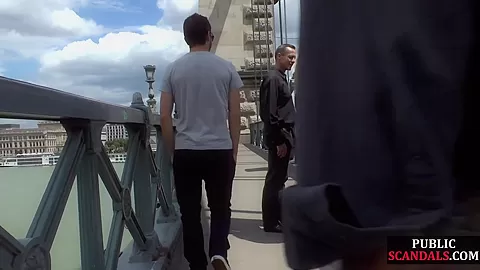 Buttplug busty MILF in heels pussyfucked in public orgy