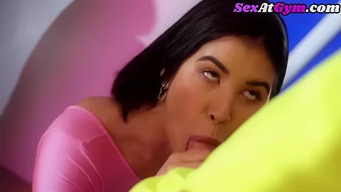Throating small titted gym lady sucks his cock in 69