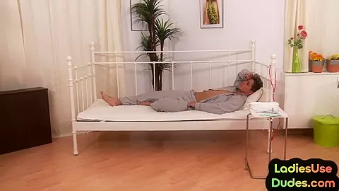 Dominant nurses fuck guy asshole with dildo in threesome
