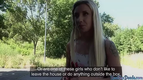 Pickedup blonde beauty blows fat shaft before public sex