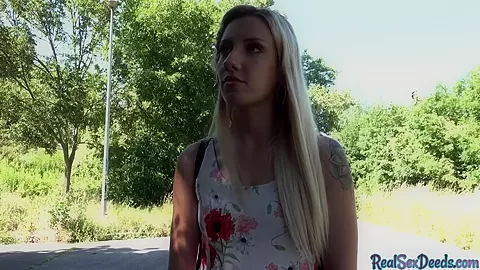 Pickedup blonde beauty blows fat shaft before public sex