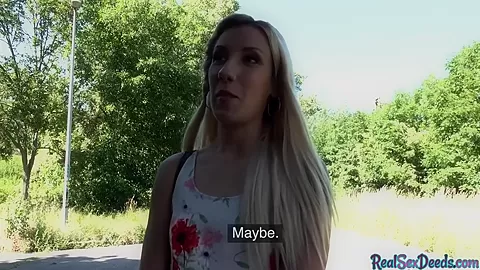 Pickedup blonde beauty blows fat shaft before public sex