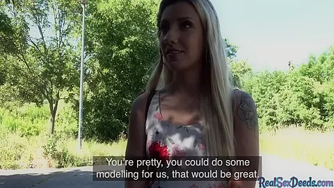 Pickedup blonde beauty blows fat shaft before public sex