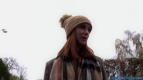 Cheap redhead slut gets cash for POV outdoor public sex