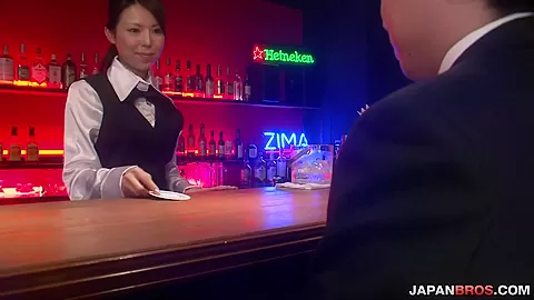 Wild barmaid Rino Asuka fondles her pussy while sucking cock